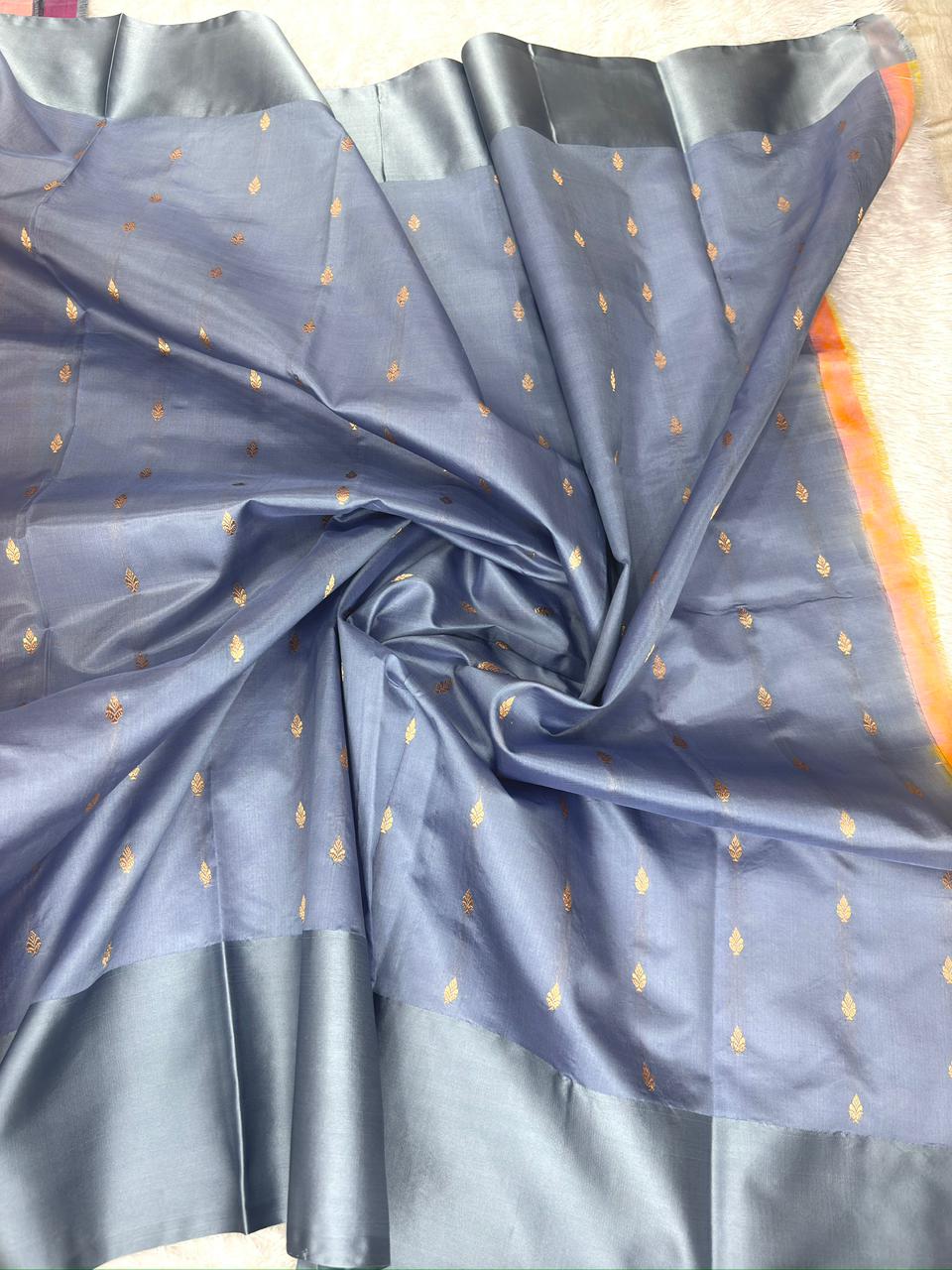 Graceful Peach Orange Pure Katan Silk Boota Kadhua Banarasi Saree with Contrast Steel Grey Zari Border