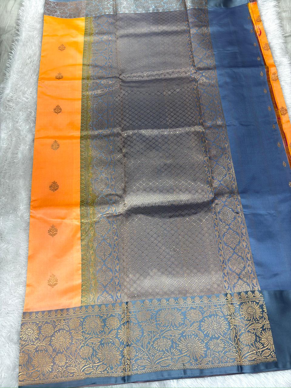 Graceful Peach Orange Pure Katan Silk Boota Kadhua Banarasi Saree with Contrast Steel Grey Zari Border