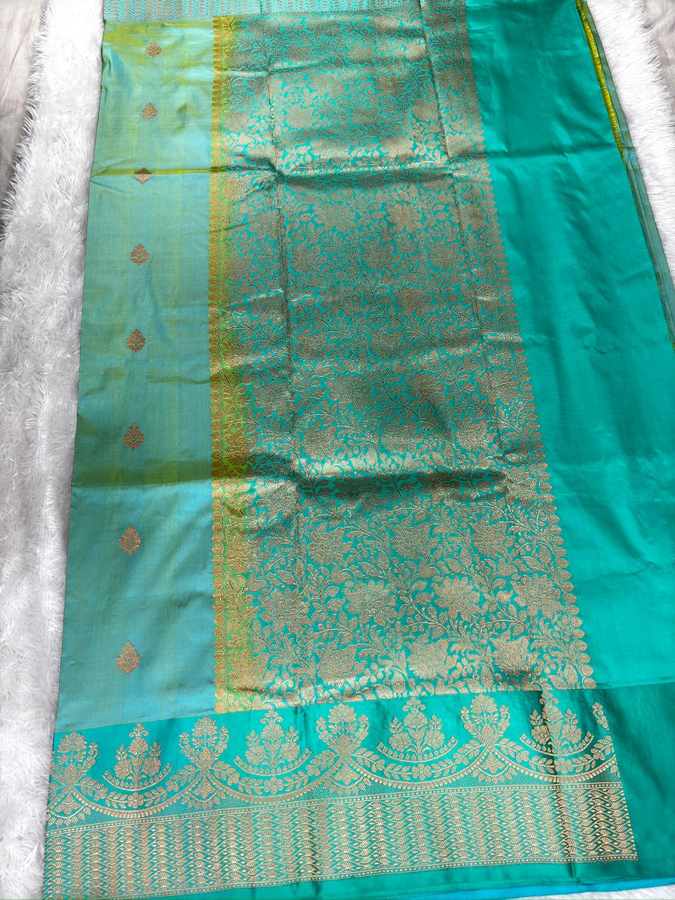 Elegant Mint Aqua Pure Katan Silk Boota Kadhua Banarasi Saree with Rich Self Zari Border