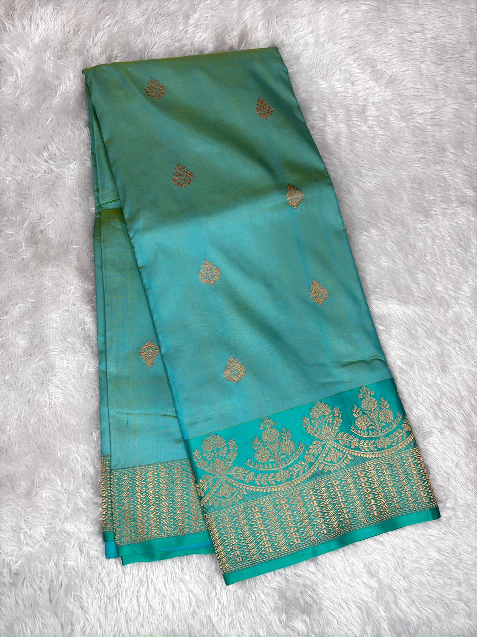 Elegant Mint Aqua Pure Katan Silk Boota Kadhua Banarasi Saree with Rich Self Zari Border