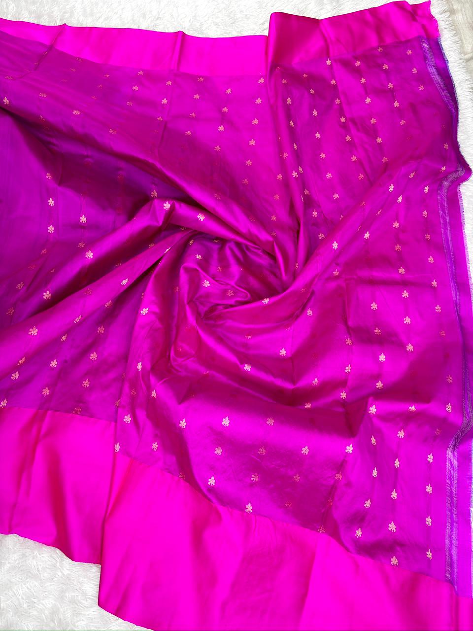 Royal Navy Blue Pure Katan Silk Boota Kadhua Banarasi Saree with Rani Pink Zari Border