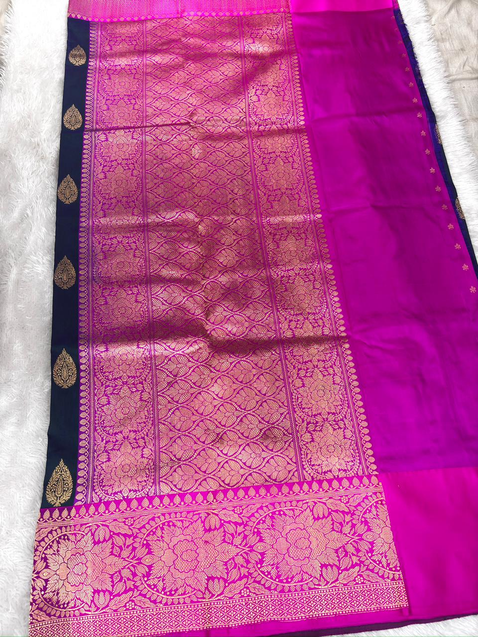 Royal Navy Blue Pure Katan Silk Boota Kadhua Banarasi Saree with Rani Pink Zari Border