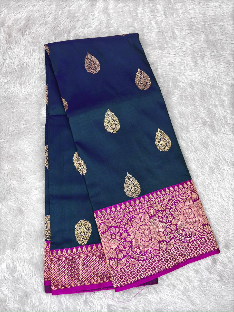 Royal Navy Blue Pure Katan Silk Boota Kadhua Banarasi Saree with Rani Pink Zari Border