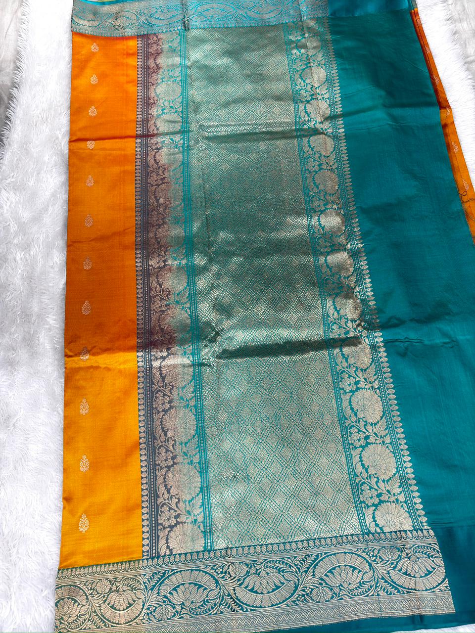 Mustard Gold & Emerald Green Katan Boota Kadhua Designer Saree