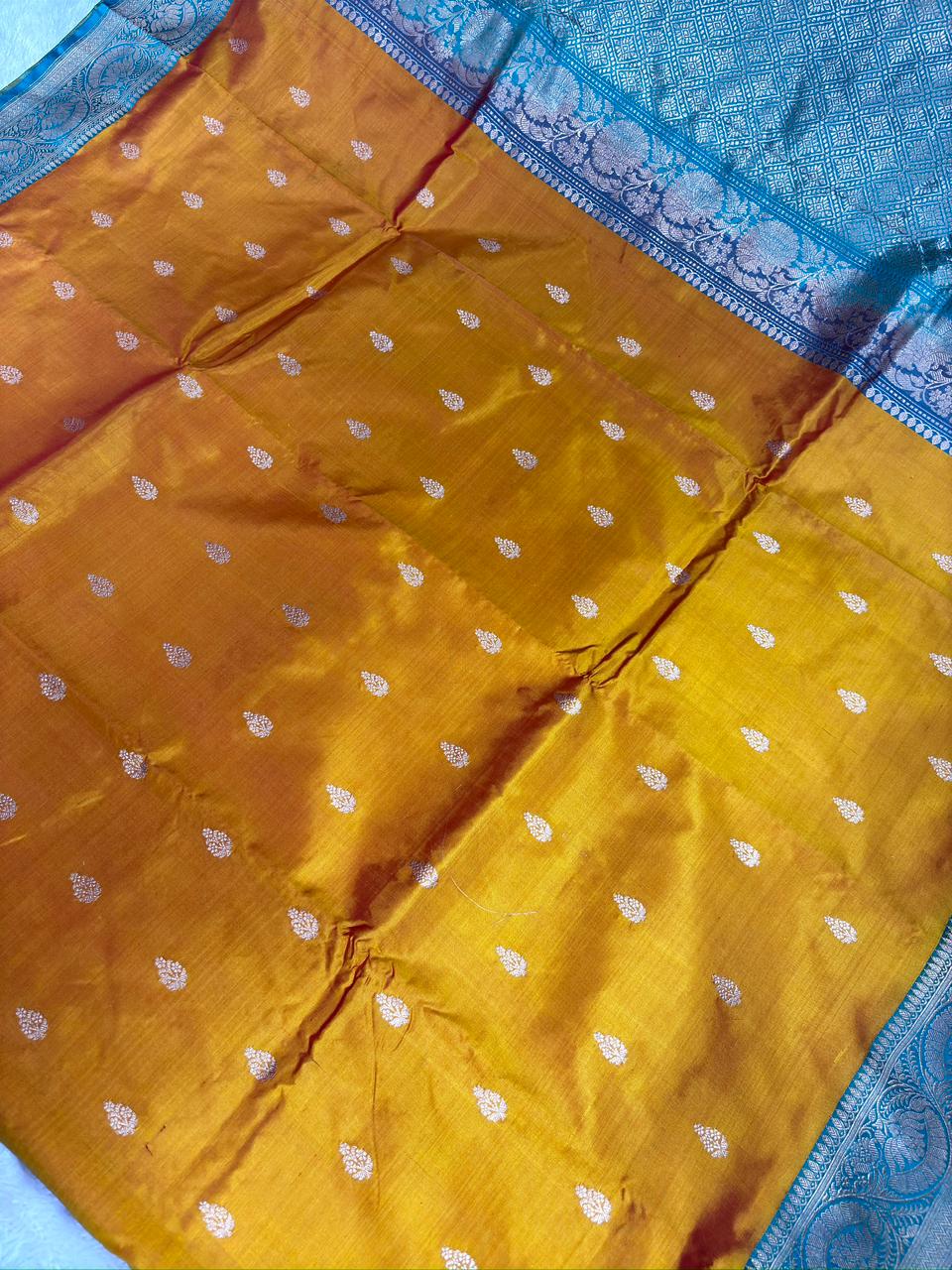 Mustard Gold & Emerald Green Katan Boota Kadhua Designer Saree