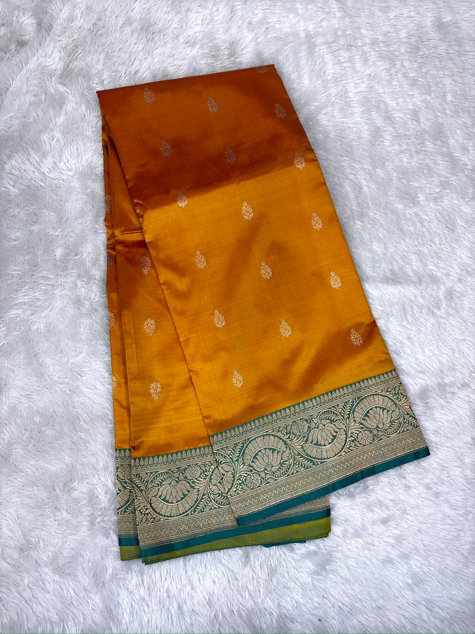 Mustard Gold & Emerald Green Katan Boota Kadhua Designer Saree