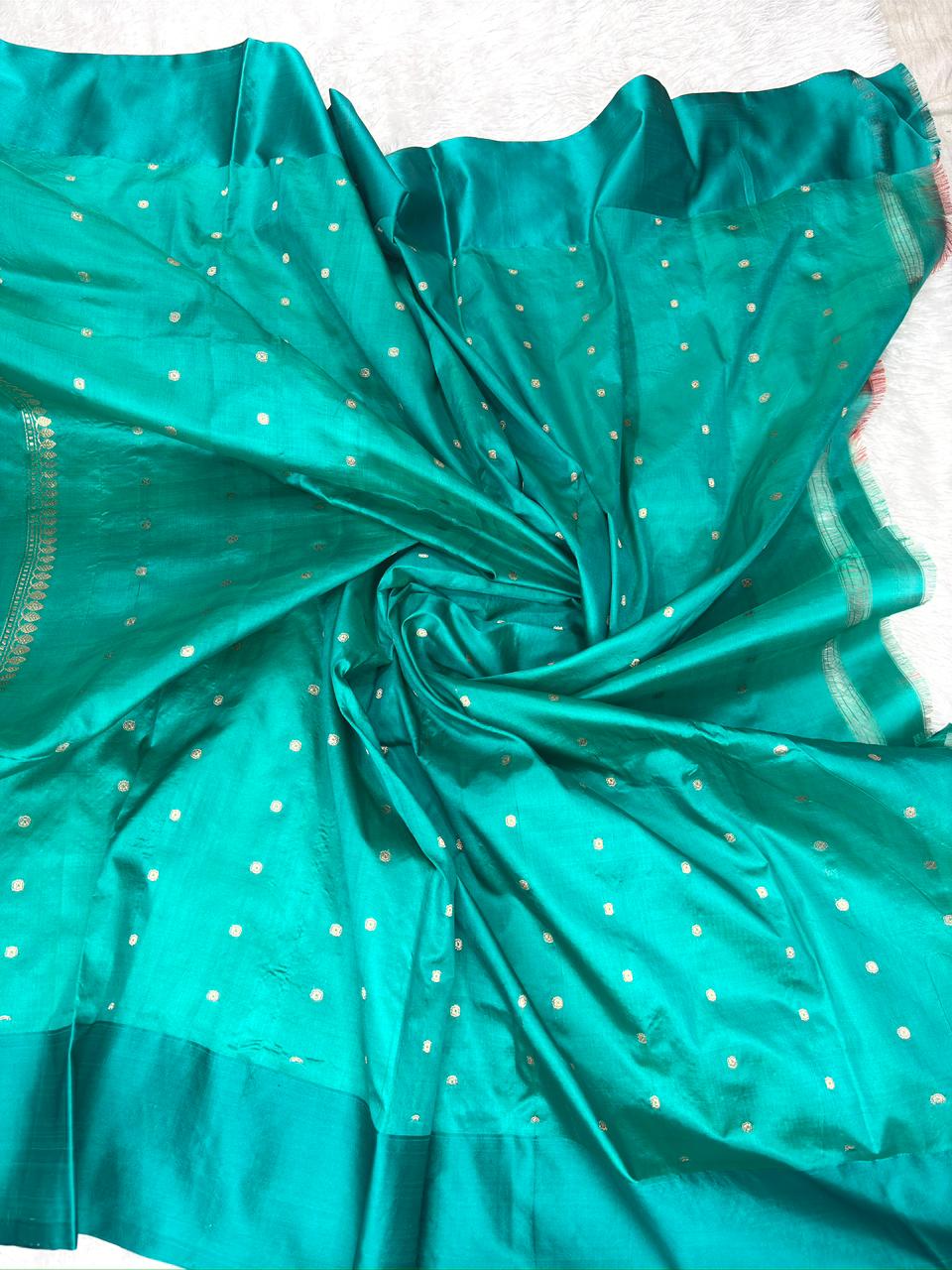 Mustard Gold & Emerald Green Katan Boota Kadhua Designer Saree