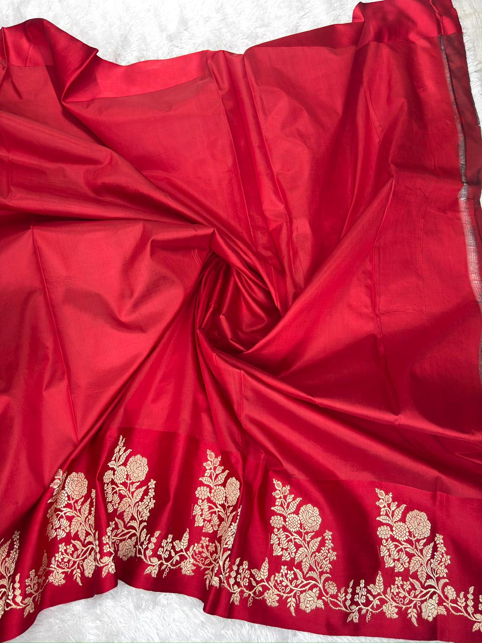 Peacock Blue & Sindoor Red Katan Silk Boota Kadhua Handloom Designer Saree