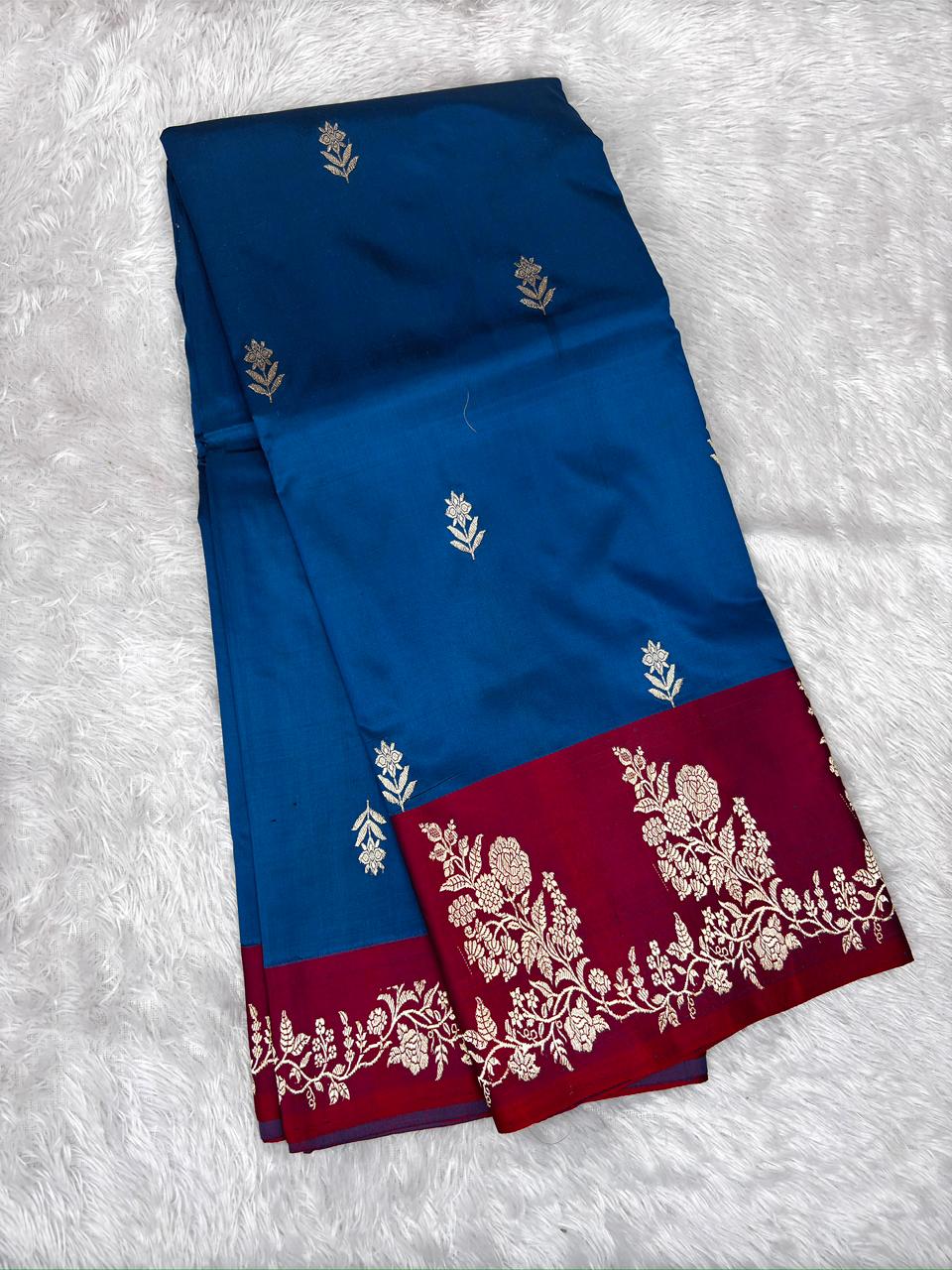 Peacock Blue & Sindoor Red Katan Silk Boota Kadhua Handloom Designer Saree