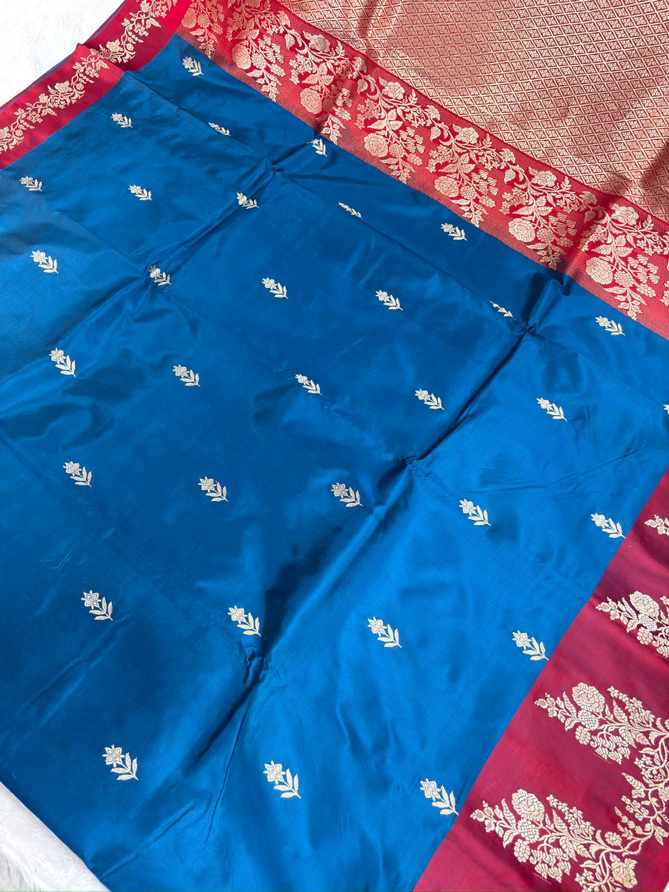 Peacock Blue & Sindoor Red Katan Silk Boota Kadhua Handloom Designer Saree