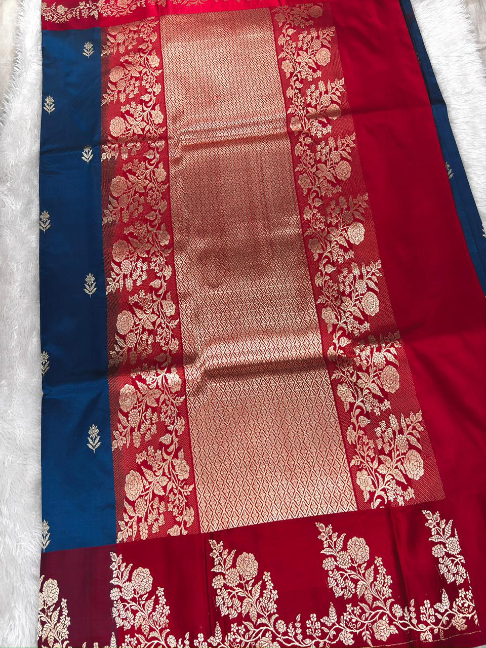 Peacock Blue & Sindoor Red Katan Silk Boota Kadhua Handloom Designer Saree