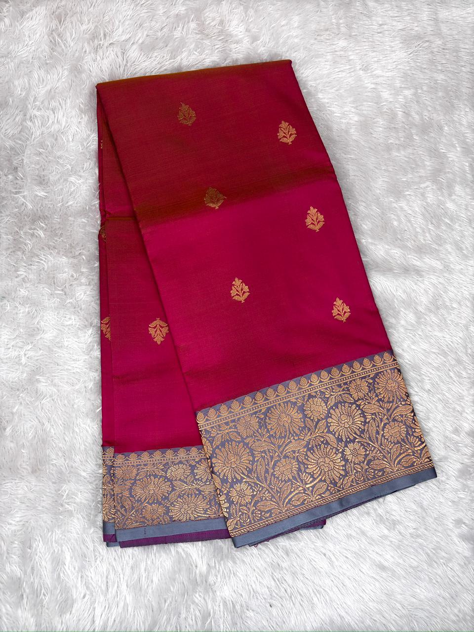 Dual Tone Rani Pink & Sunset Orange Katan Silk Boota Kadhua Handloom Designer Saree