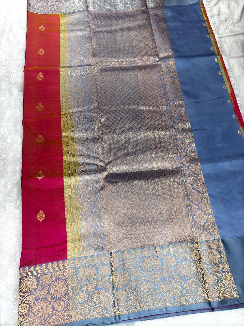Dual Tone Rani Pink & Sunset Orange Katan Silk Boota Kadhua Handloom Designer Saree