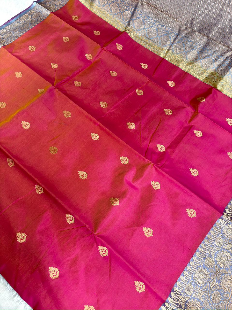 Dual Tone Rani Pink & Sunset Orange Katan Silk Boota Kadhua Handloom Designer Saree