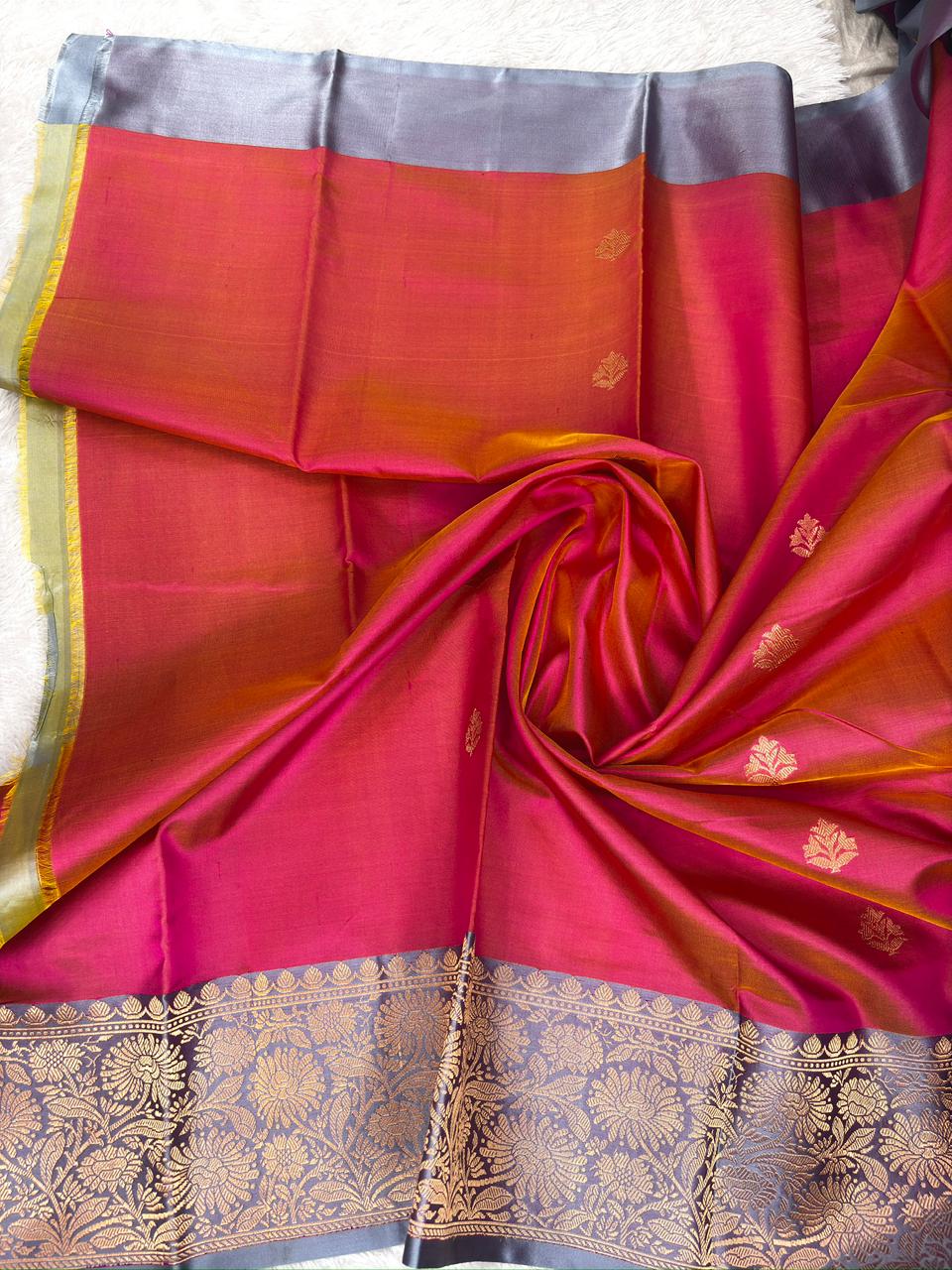 Dual Tone Rani Pink & Sunset Orange Katan Silk Boota Kadhua Handloom Designer Saree