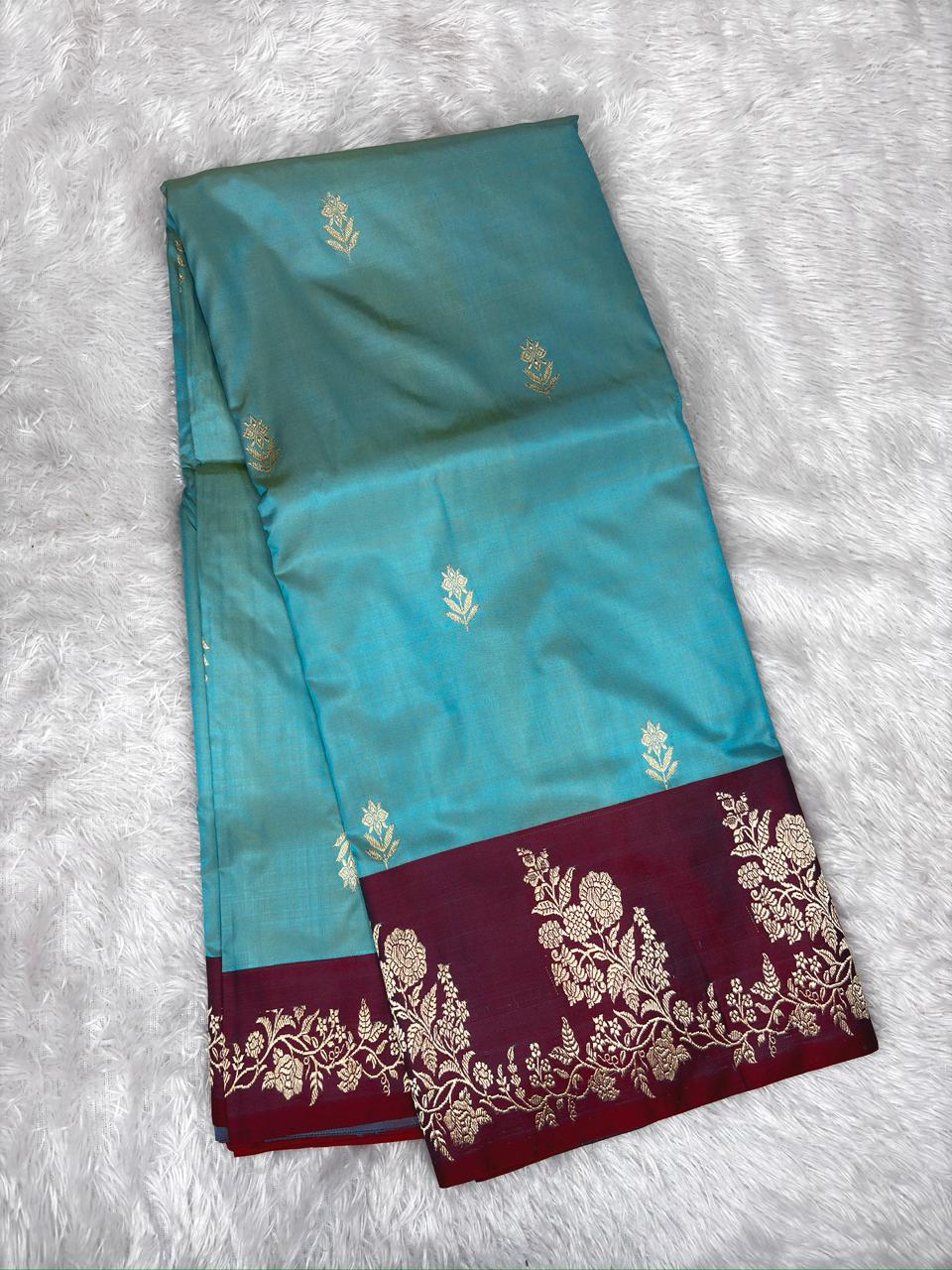 Turquoise Blue & Sindoor Red Katan Silk Boota Kadhua Handloom Designer Saree