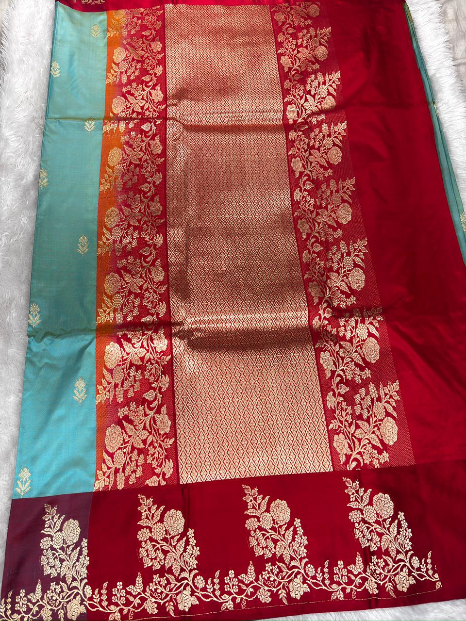 Turquoise Blue & Sindoor Red Katan Silk Boota Kadhua Handloom Designer Saree
