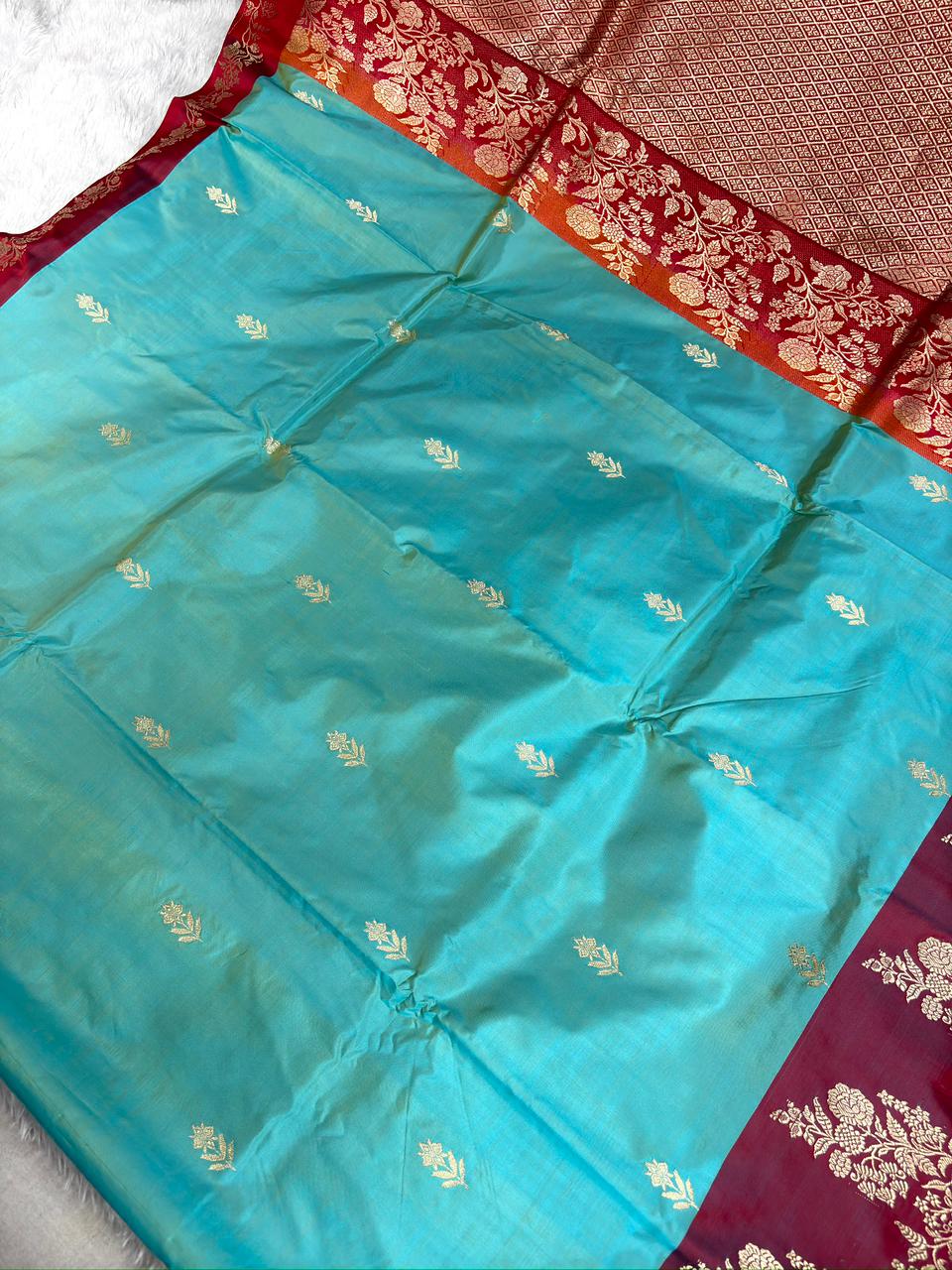 Turquoise Blue & Sindoor Red Katan Silk Boota Kadhua Handloom Designer Saree