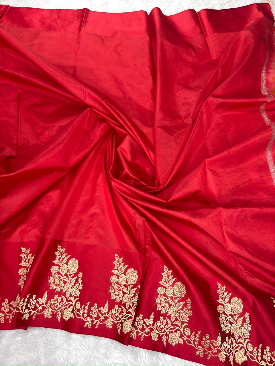Turquoise Blue & Sindoor Red Katan Silk Boota Kadhua Handloom Designer Saree