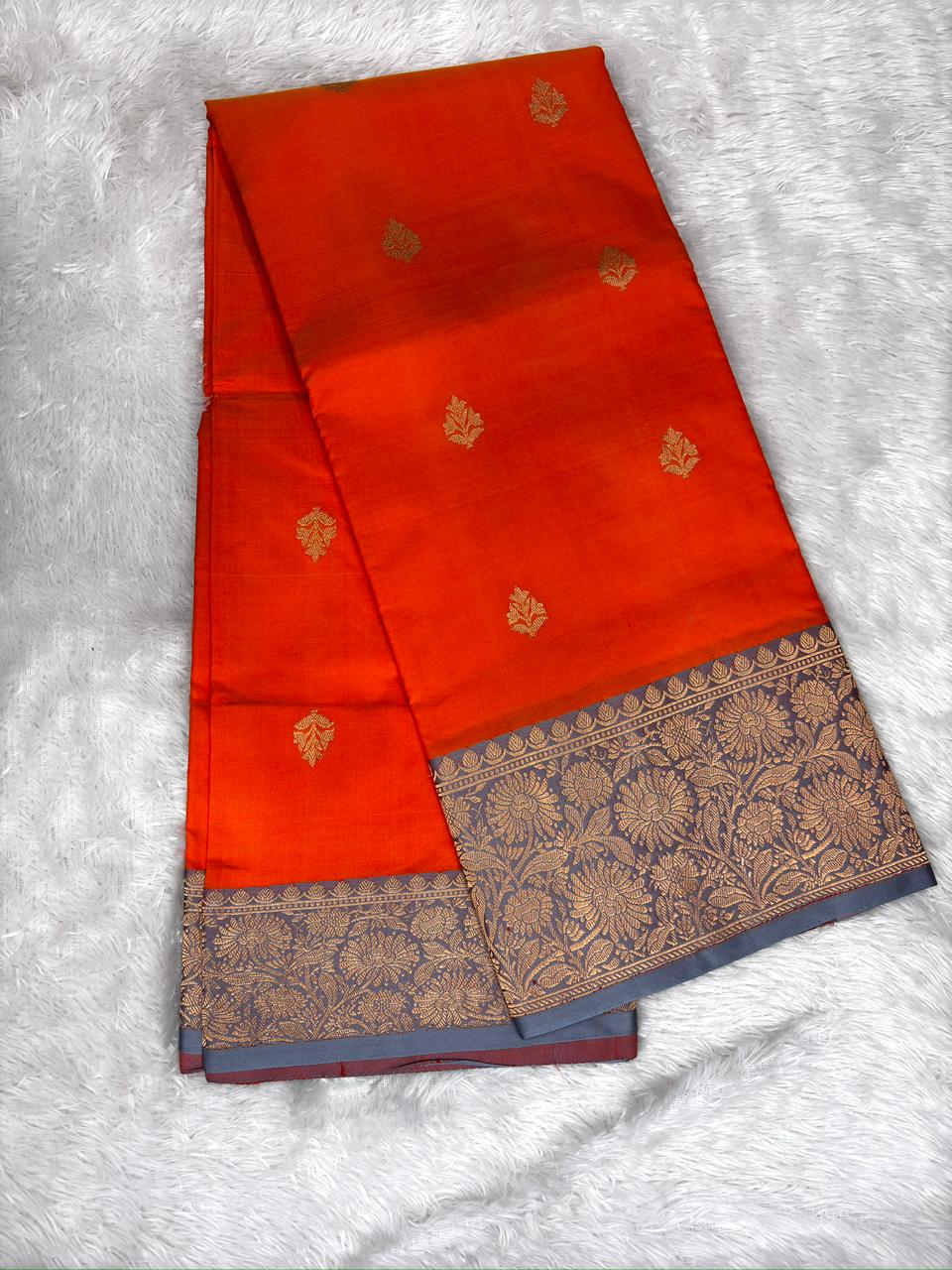 Vibrant Orange & Steel Grey Katan Silk Boota Kadhua Handloom Designer Saree