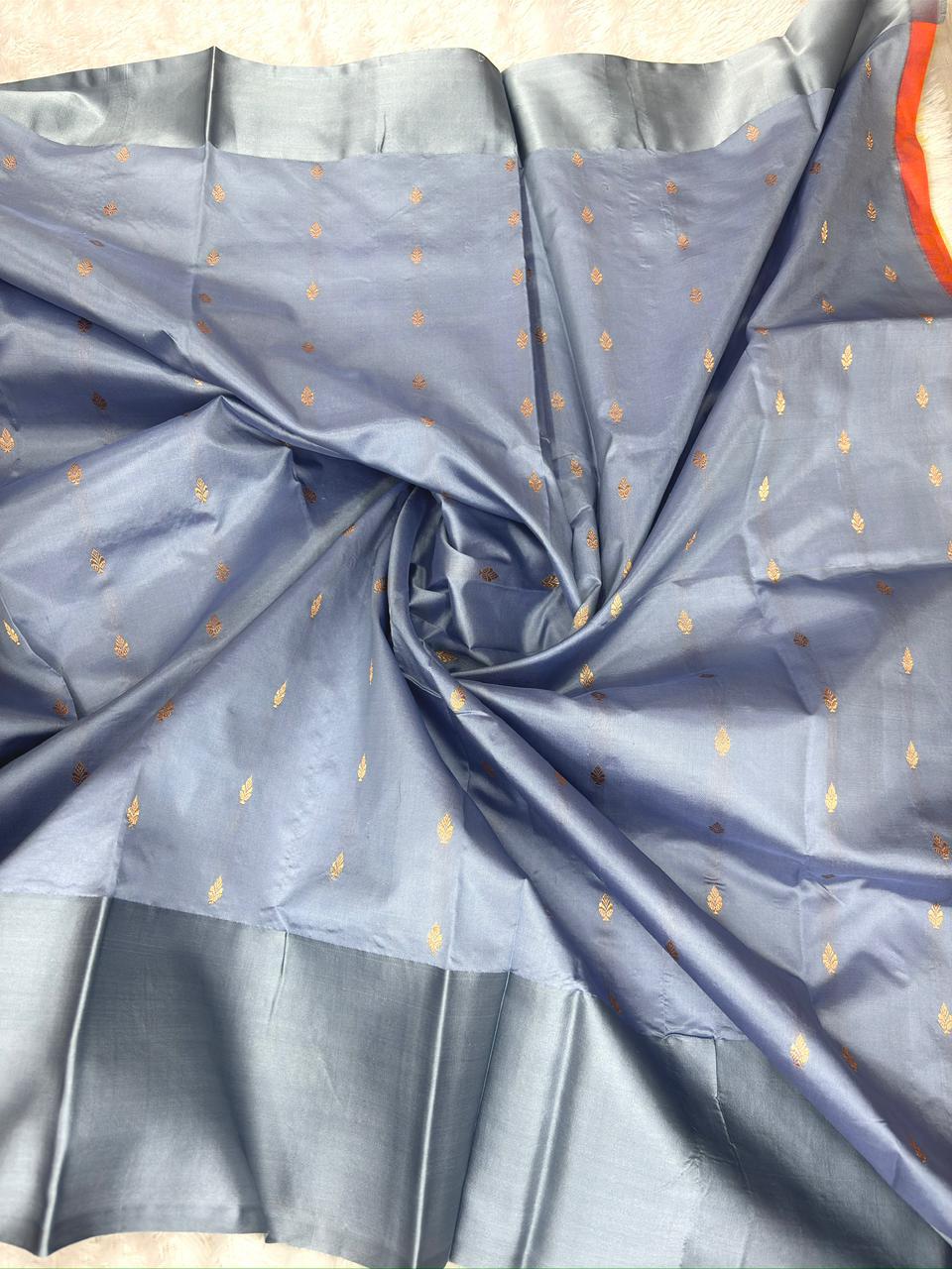 Vibrant Orange & Steel Grey Katan Silk Boota Kadhua Handloom Designer Saree