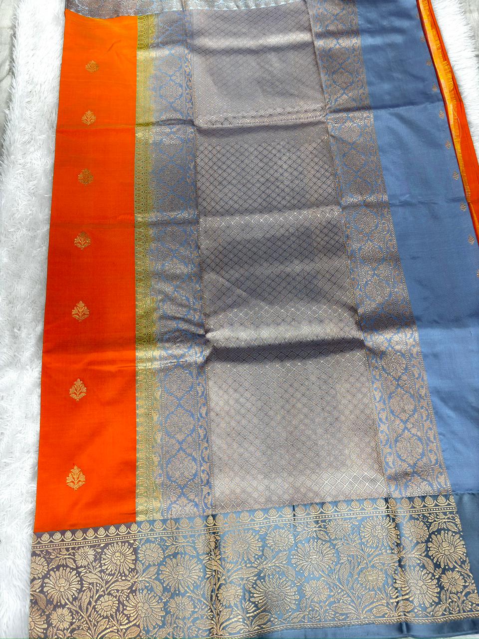 Vibrant Orange & Steel Grey Katan Silk Boota Kadhua Handloom Designer Saree