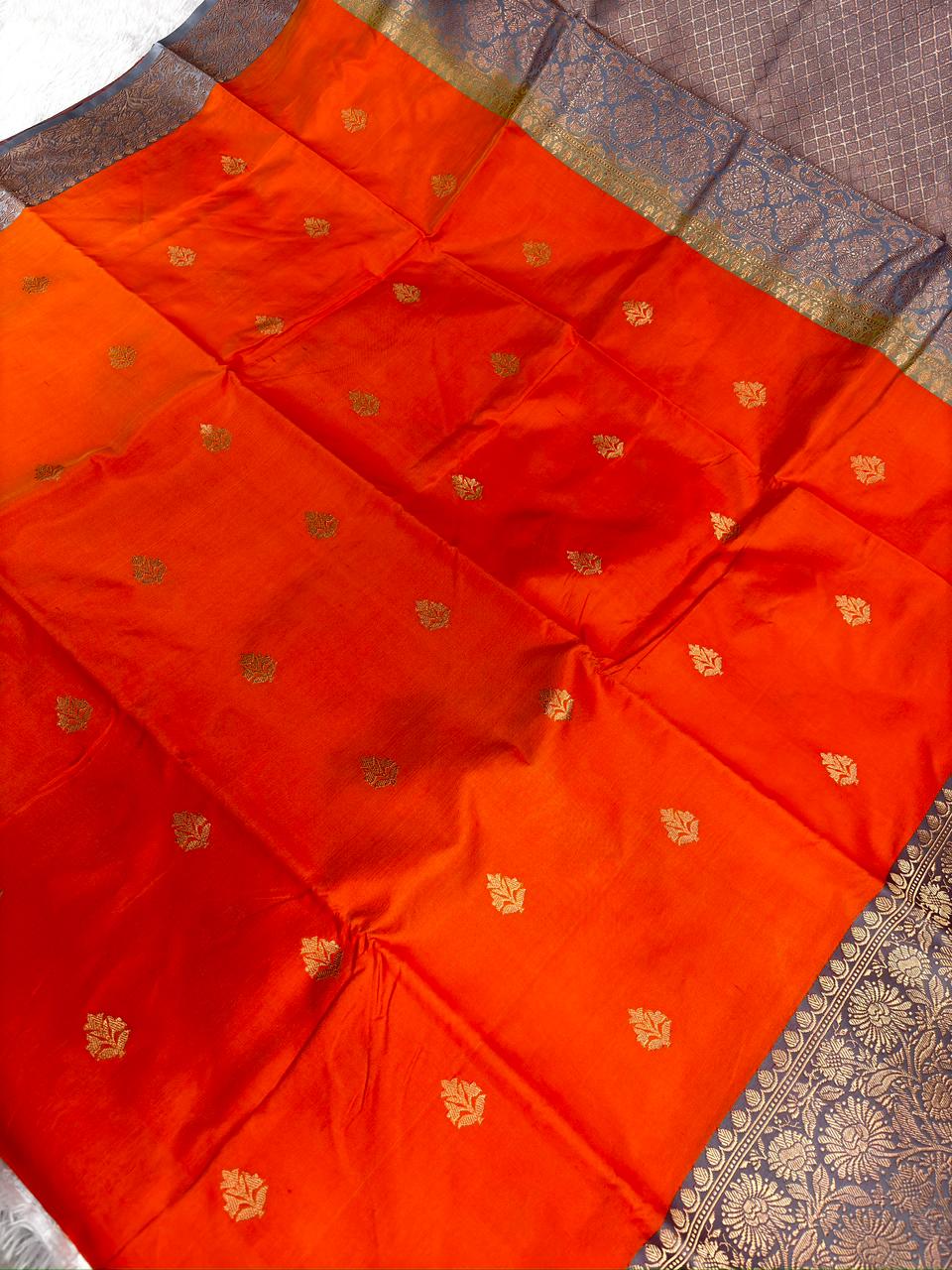 Vibrant Orange & Steel Grey Katan Silk Boota Kadhua Handloom Designer Saree