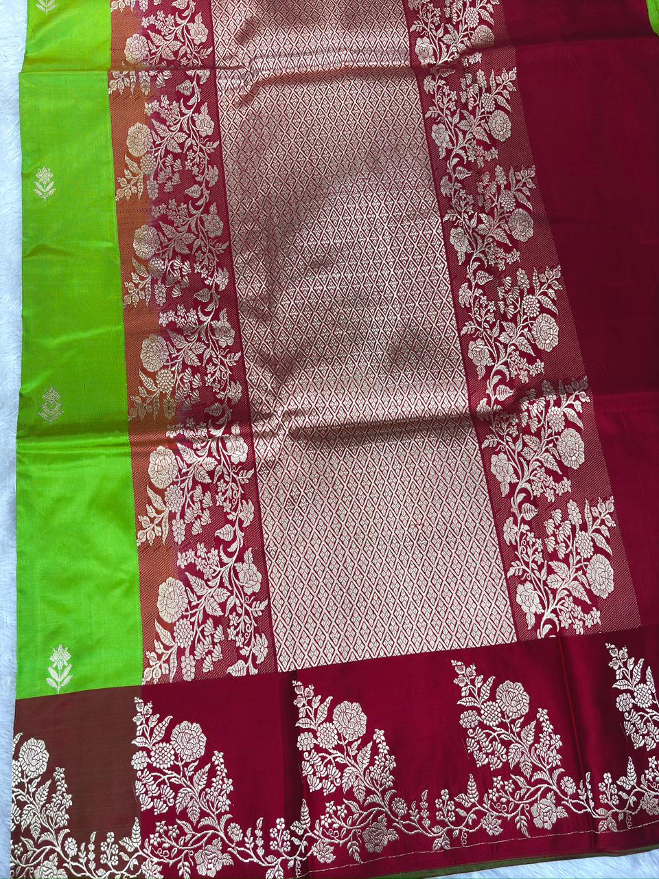 Parrot Green Katan Silk Boota Kadhua Handloom Designer Saree