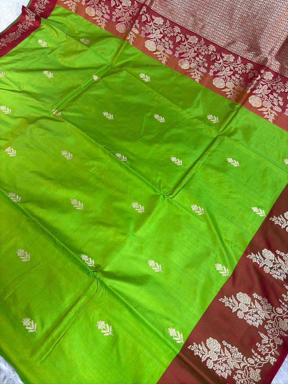 Parrot Green Katan Silk Boota Kadhua Handloom Designer Saree