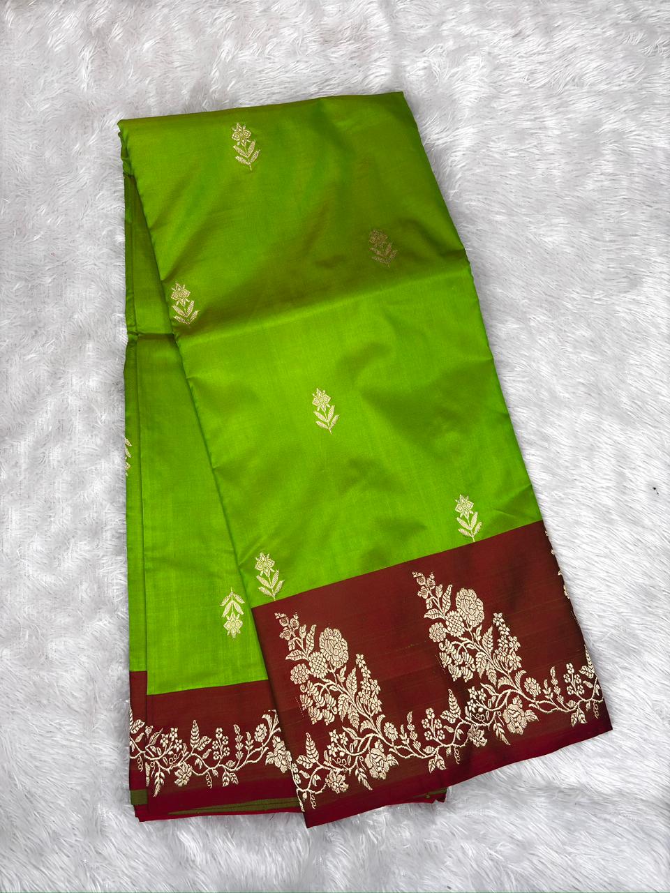 Parrot Green Katan Silk Boota Kadhua Handloom Designer Saree