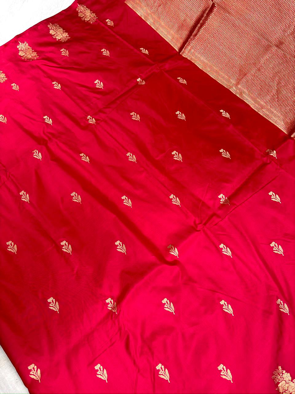 Royal Sindoor Red Katan Silk Boota Kadhua Handloom Designer Saree