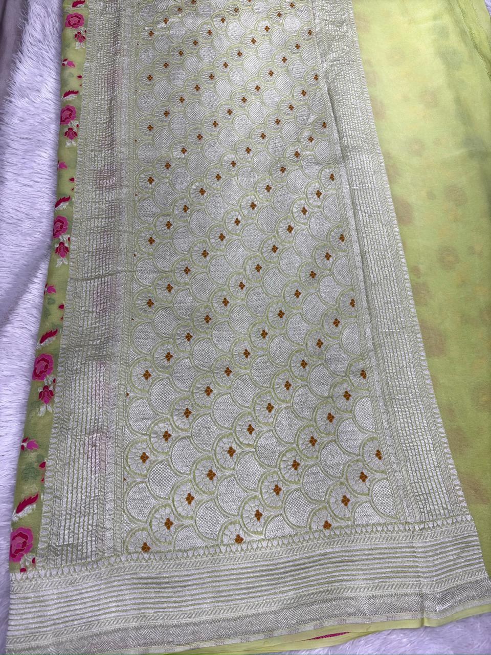 Mustard Gold Khaddi Georgette Meenakari Handloom Saree with Rich Zari Pallu