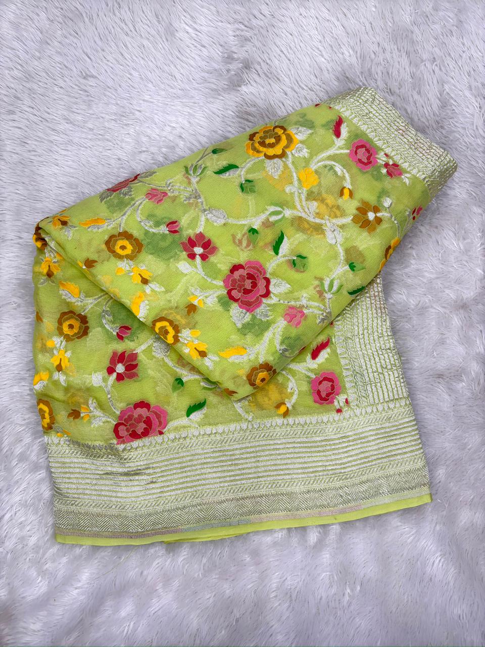 Mustard Gold Khaddi Georgette Meenakari Handloom Saree with Rich Zari Pallu