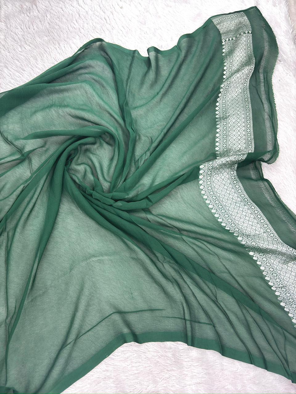 Bottle Green Khaddi Georgette Silver Zari Meenakari Handloom Banarasi Saree
