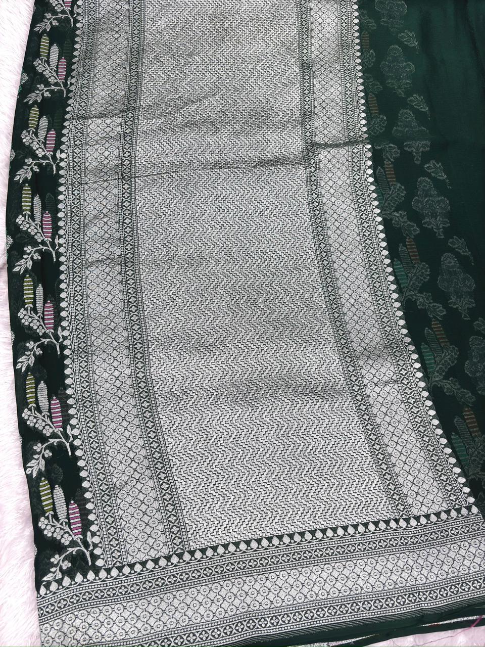 Bottle Green Khaddi Georgette Silver Zari Meenakari Handloom Banarasi Saree