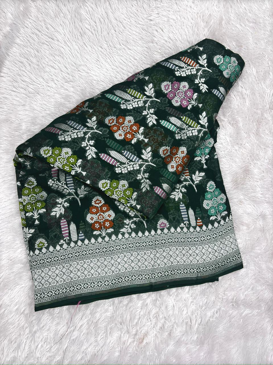 Bottle Green Khaddi Georgette Silver Zari Meenakari Handloom Banarasi Saree