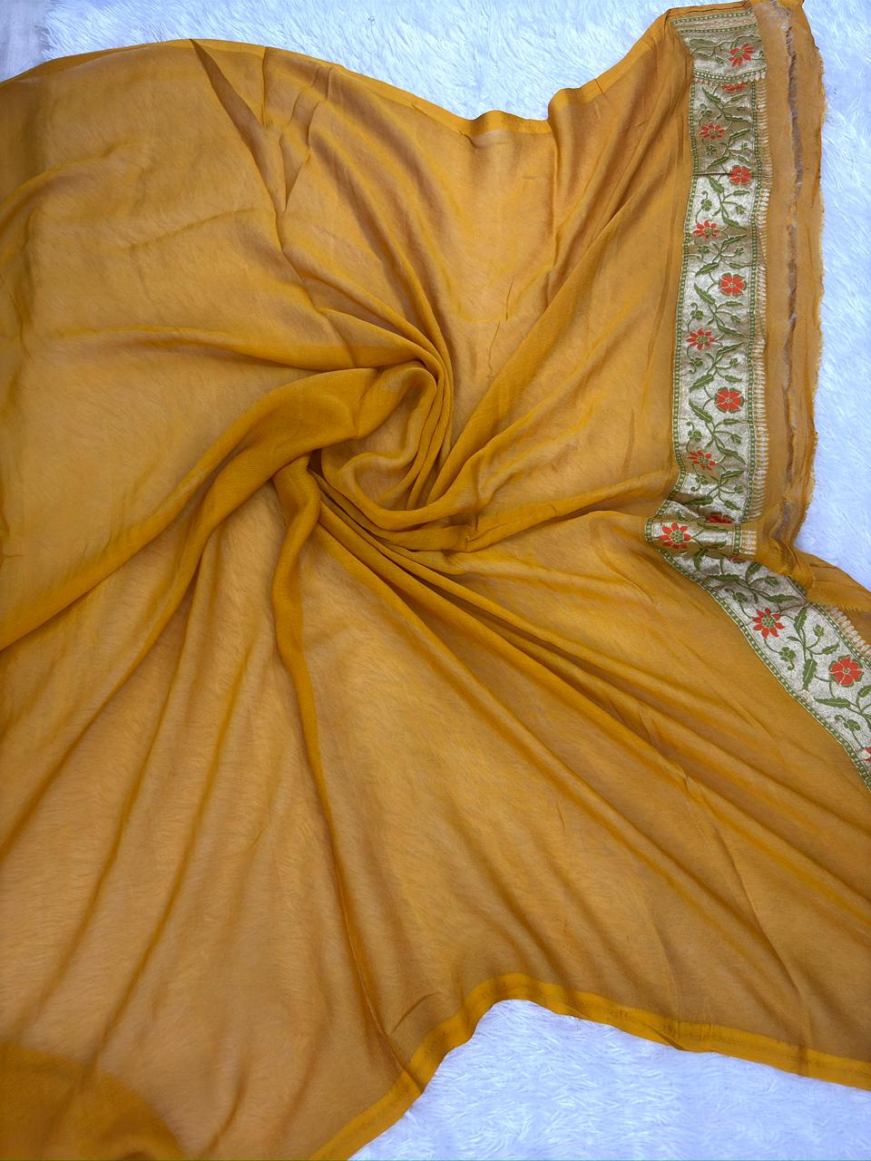 Peachy Rust Khaddi Georgette Meenakari Handloom Banarasi Saree