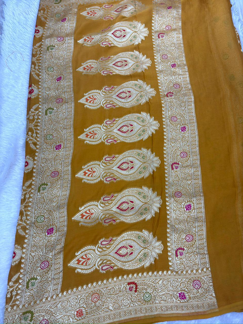 Peachy Rust Khaddi Georgette Meenakari Handloom Banarasi Saree