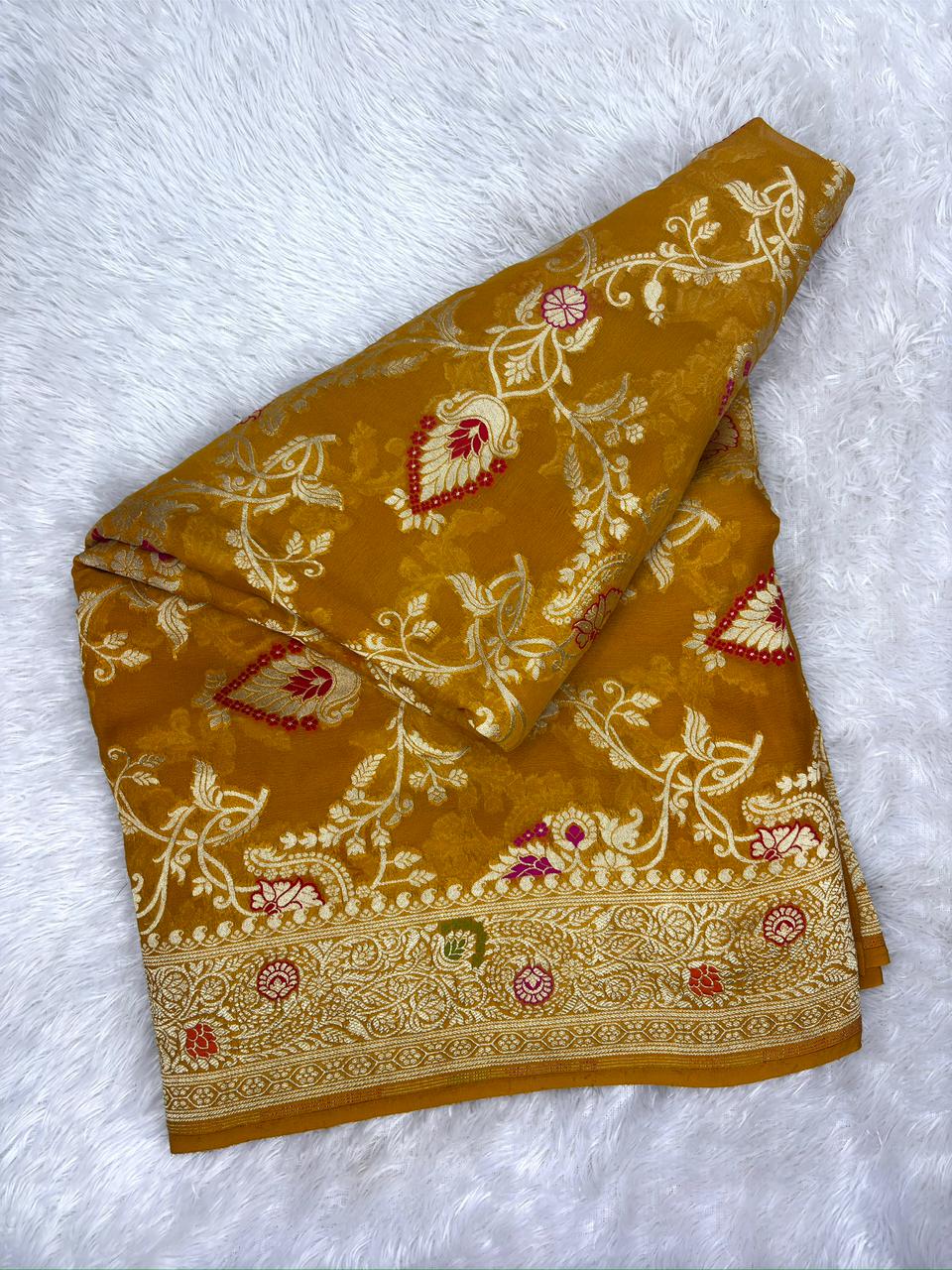 Peachy Rust Khaddi Georgette Meenakari Handloom Banarasi Saree