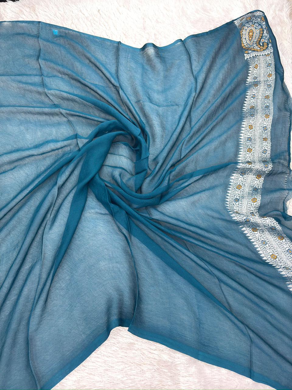 Midnight Teal Khaddi Georgette Silver Zari Meenakari Handloom Banarasi Saree