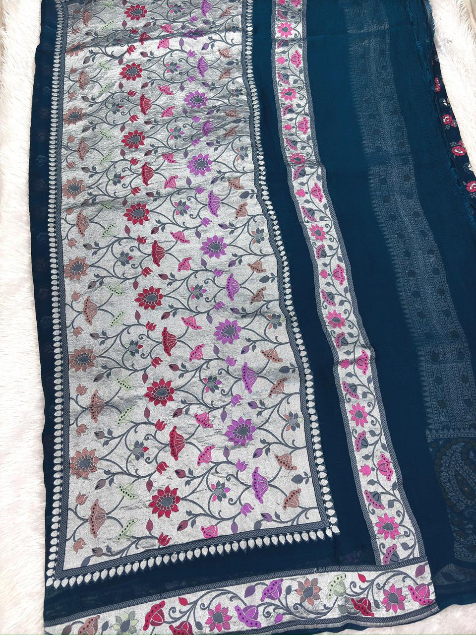Midnight Teal Khaddi Georgette Silver Zari Meenakari Handloom Banarasi Saree