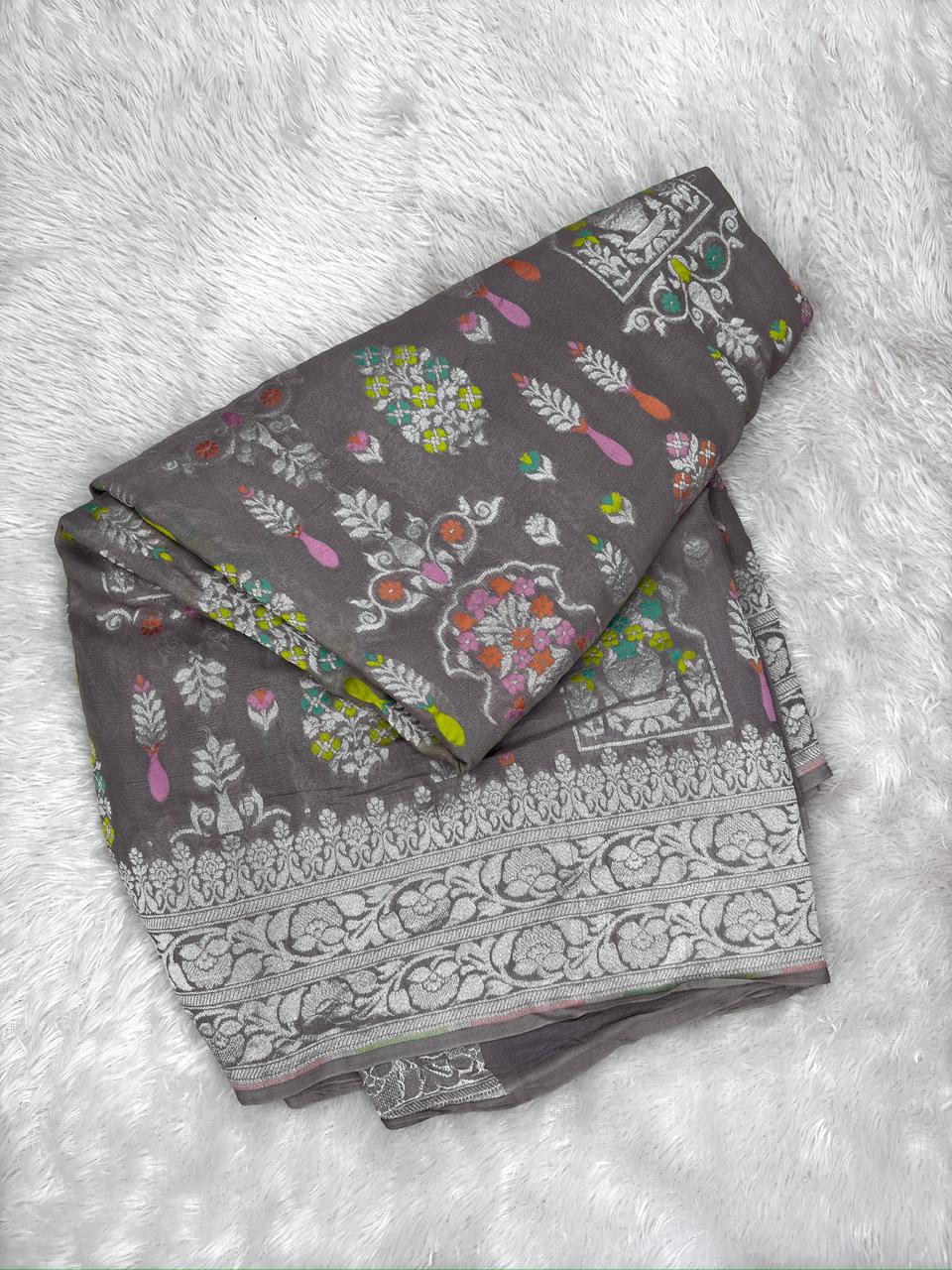 Steel Grey Khaddi Georgette Silver Zari Meenakari Handloom Banarasi Saree