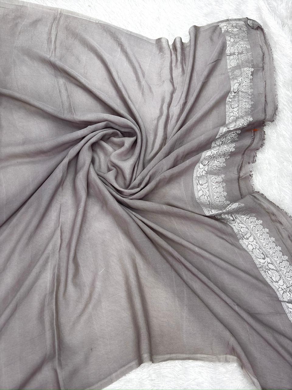 Steel Grey Khaddi Georgette Silver Zari Meenakari Handloom Banarasi Saree