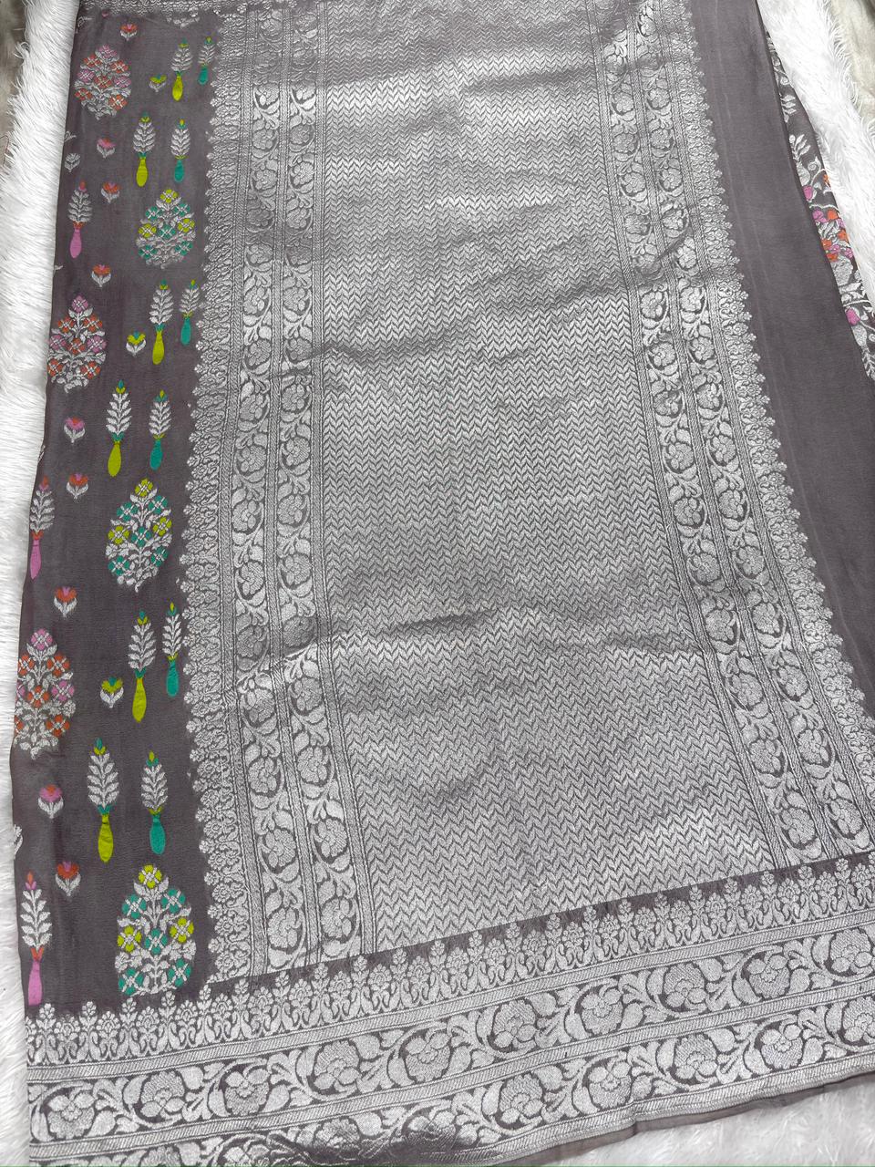 Steel Grey Khaddi Georgette Silver Zari Meenakari Handloom Banarasi Saree