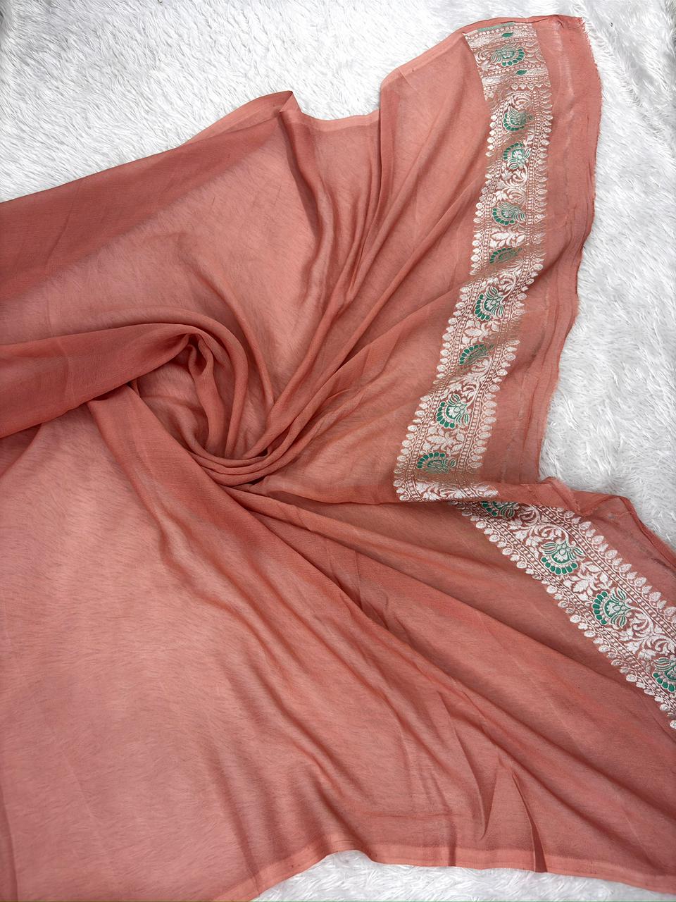 Peach Blush Khaddi Georgette Silver Zari Meenakari Handloom Banarasi Saree