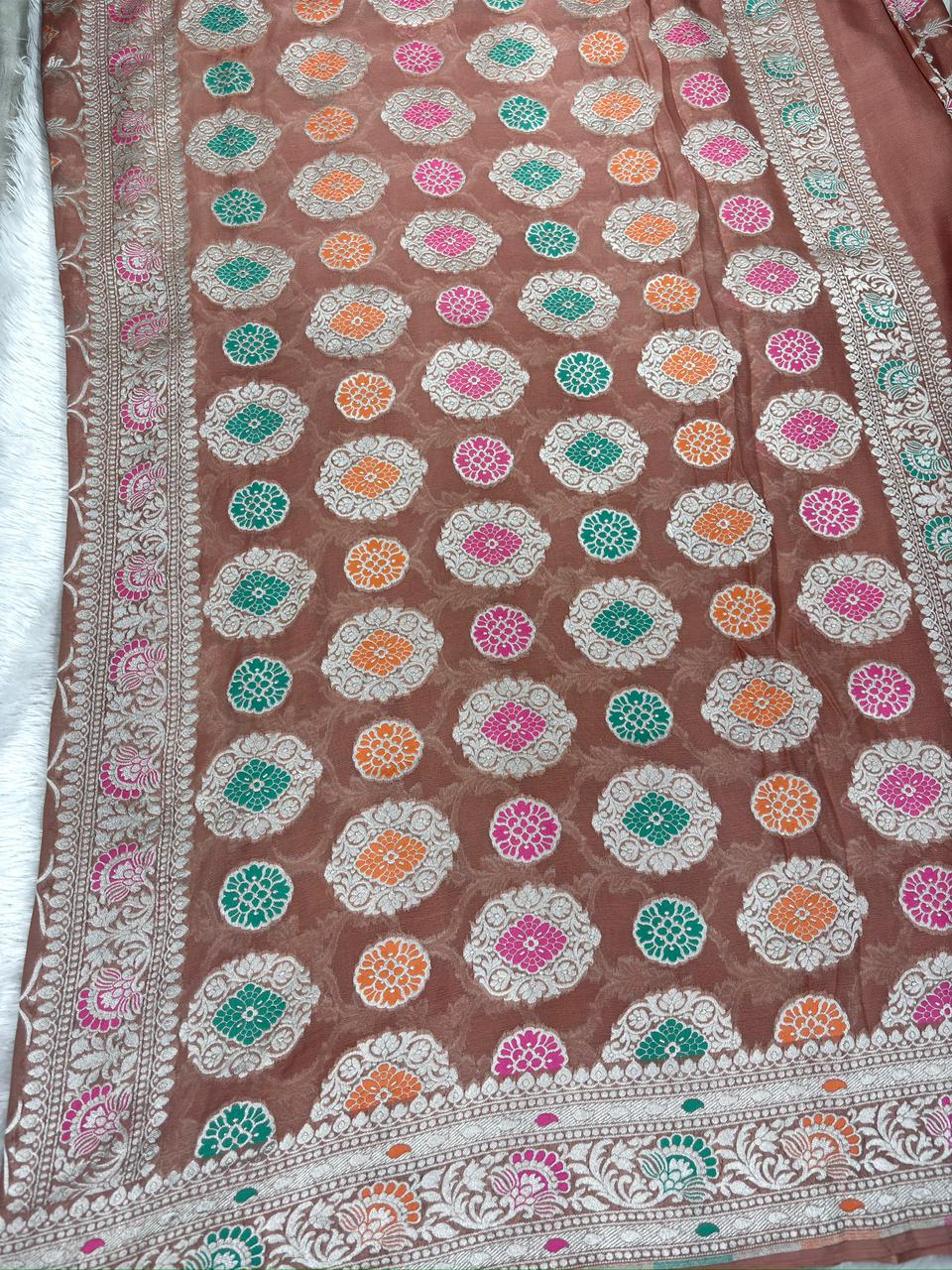 Peach Blush Khaddi Georgette Silver Zari Meenakari Handloom Banarasi Saree