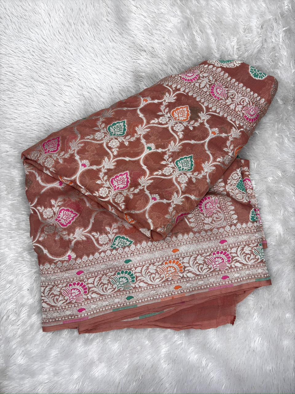 Peach Blush Khaddi Georgette Silver Zari Meenakari Handloom Banarasi Saree