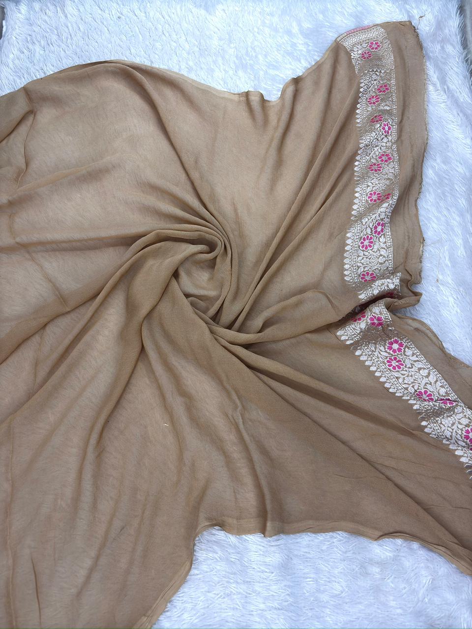 Classic Beige Khaddi Georgette Silver Zari Meenakari Handloom Banarasi Saree