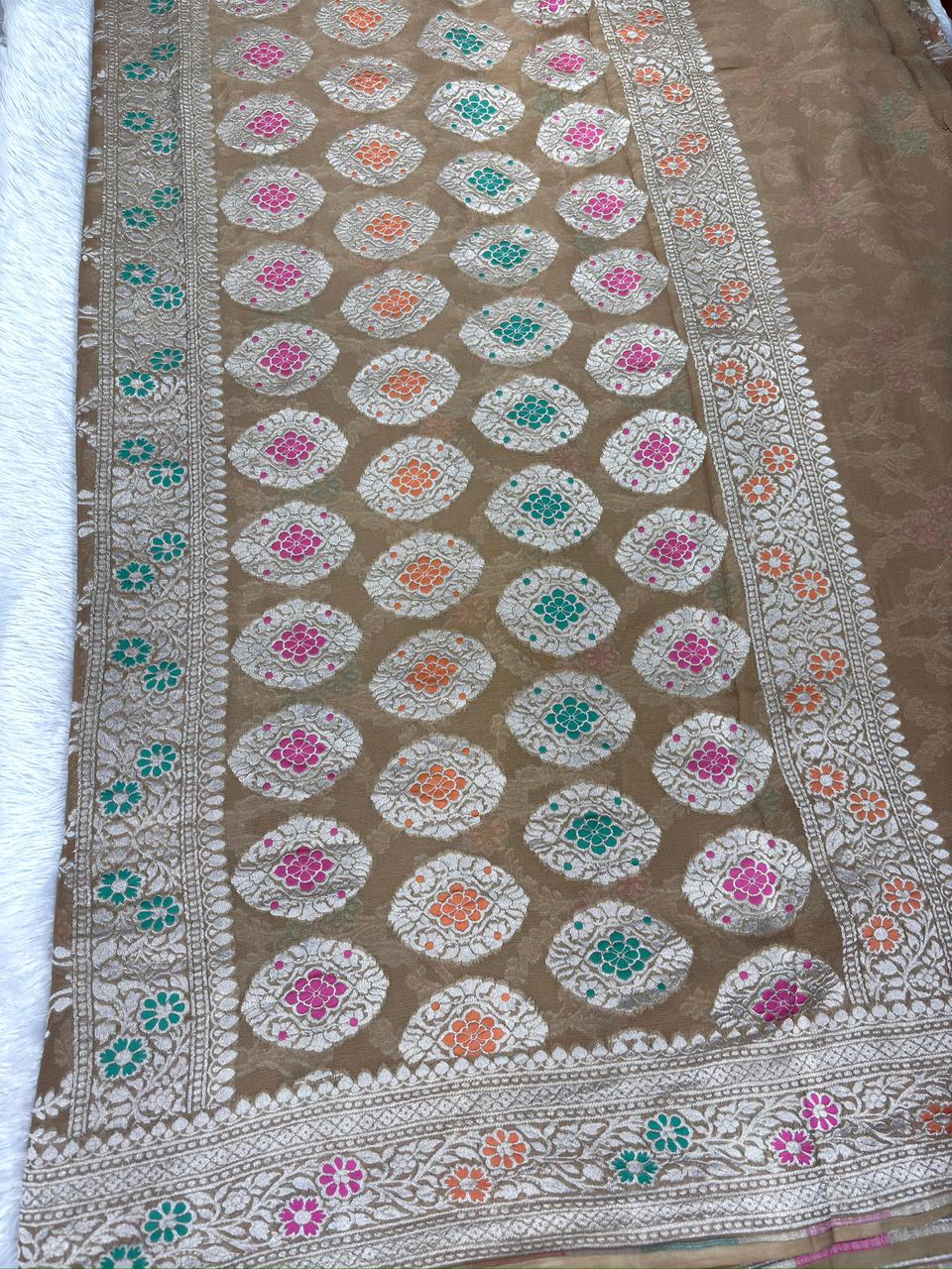 Classic Beige Khaddi Georgette Silver Zari Meenakari Handloom Banarasi Saree