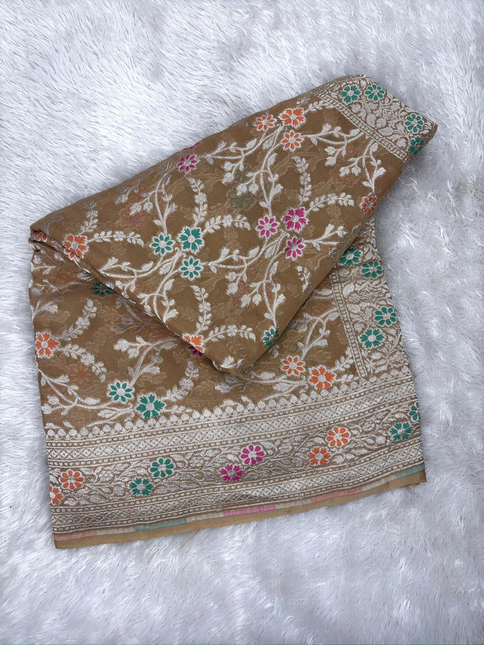 Classic Beige Khaddi Georgette Silver Zari Meenakari Handloom Banarasi Saree